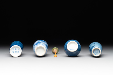 Three Chinese powder blue-ground blue and white snuff bottles and one blue and white snuff bottle, 19th C.