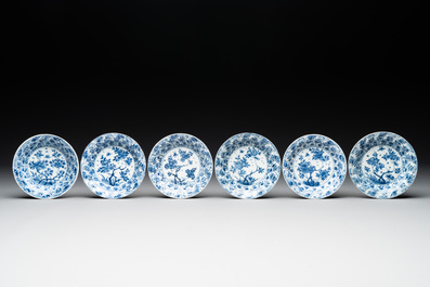 Six Chinese blue and white cups and saucers with floral design, Kangxi