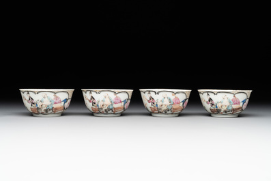 Six Chinese Canton famille rose 'mandarin subject' cups and seven saucers, Yongzheng/Qianlong