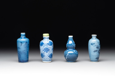 Three Chinese powder blue-ground blue and white snuff bottles and one blue and white snuff bottle, 19th C.