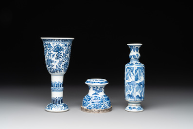 A Chinese blue and white goblet, a salt and a vase, Kangxi