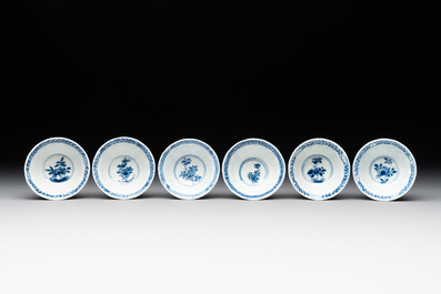Six Chinese blue and white cups and saucers with floral design, Kangxi