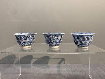 Six Chinese blue and white cups and saucers with floral design, Kangxi