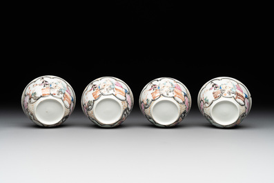 Six Chinese Canton famille rose 'mandarin subject' cups and seven saucers, Yongzheng/Qianlong