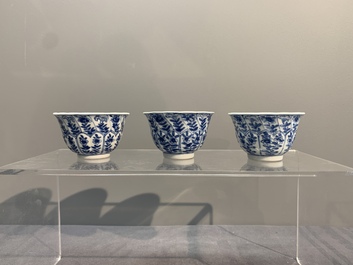 Six Chinese blue and white cups and saucers with floral design, Kangxi