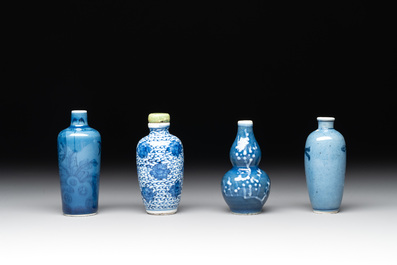 Three Chinese powder blue-ground blue and white snuff bottles and one blue and white snuff bottle, 19th C.
