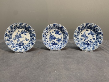 Six Chinese blue and white cups and saucers with floral design, Kangxi