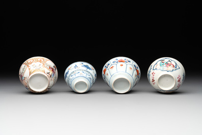 A collection of 12 pieces Chinese famille rose, vert and Imari-style cups and saucers, Yongzheng/Qianlong