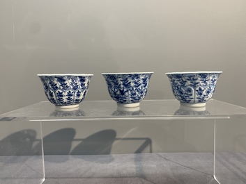 Six Chinese blue and white cups and saucers with floral design, Kangxi