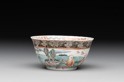A fine Chinese famille rose 'apple pickers' cup and saucer, Yongzheng