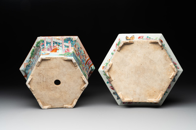 A Chinese Canton famille rose hexagonal jardini&egrave;re and stand with narrative design, 19th C.
