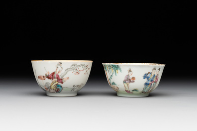 Six Chinese Canton famille rose 'mandarin subject' cups and seven saucers, Yongzheng/Qianlong