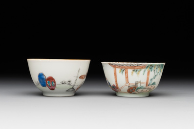 Six Chinese Canton famille rose 'mandarin subject' cups and seven saucers, Yongzheng/Qianlong