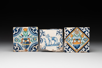 Six blue, white and polychrome Dutch Delft tiles, 17th C.