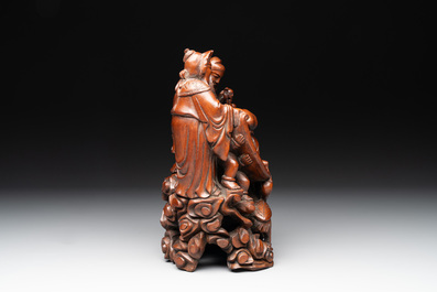 A Chinese carved wooden 'Fu Lu Shou' group, 19/20th C.