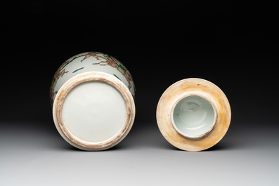 A pair of famille verte-style 'warriors on horseback' vases and covers, Samson, Paris, 19th C.