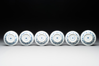 Six Chinese blue and white cups and saucers with floral design, Kangxi
