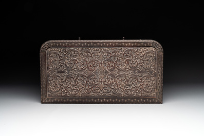 A Chinese zitan wood 'duo bao ge' cabinet of curiosities with carved floral design, 19th C.
