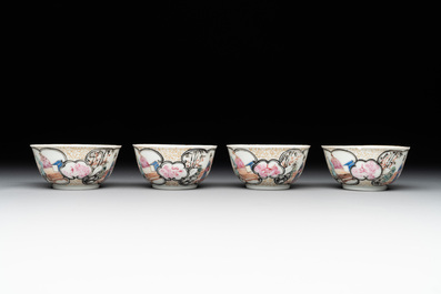 Six Chinese Canton famille rose 'mandarin subject' cups and seven saucers, Yongzheng/Qianlong