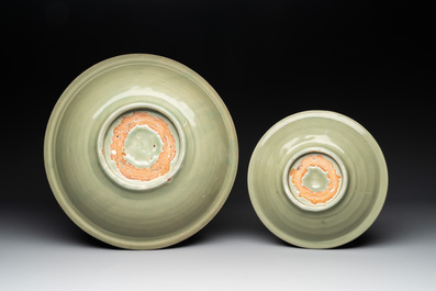 A Chinese Longquan celadon dish and a plate with floral design, Ming