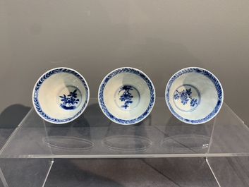 Six Chinese blue and white cups and saucers with floral design, Kangxi
