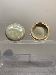 A Chinese Longquan celadon box and cover with anhua floral design, Song