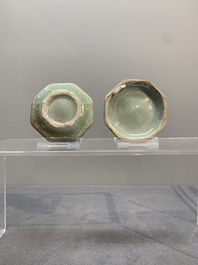 A Chinese Longquan celadon box and cover with anhua peony design, Song