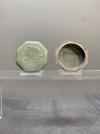 A Chinese Longquan celadon box and cover with anhua peony design, Song
