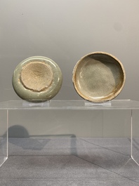 A Chinese Longquan celadon box and cover with anhua floral design, Song