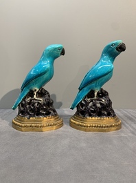 A pair of turquoise- and aubergine-glazed parrots with gilt bronze mounts, Kangxi