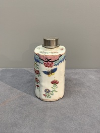 A Chinese famille rose tea caddy, two covered milk jugs and three vases, Yongzheng/Qianlong