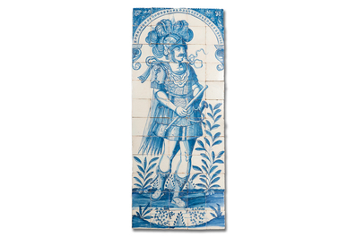 A rare and very large blue and white Dutch Delft 60-piece tile mural depicting Hannibal, 17th C.