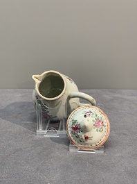 A Chinese famille rose tea caddy, two covered milk jugs and three vases, Yongzheng/Qianlong