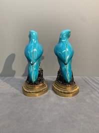A pair of turquoise- and aubergine-glazed parrots with gilt bronze mounts, Kangxi