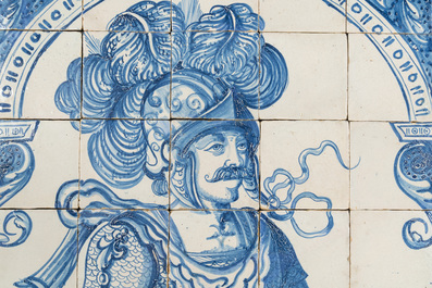 A rare and very large blue and white Dutch Delft 60-piece tile mural depicting Hannibal, 17th C.