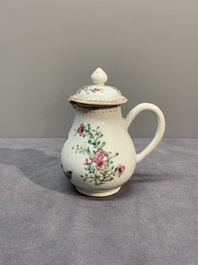A Chinese famille rose tea caddy, two covered milk jugs and three vases, Yongzheng/Qianlong