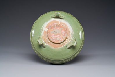 A Chinese Longquan celadon tripod censer on wooden stand, Yuan/Ming