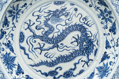 A large Chinese blue and white Yuan-style 'dragon' dish, probably 19th C.