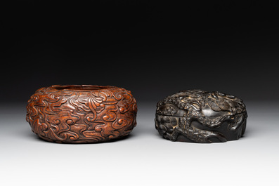 Two Chinese carved bamboo water pots and a hongmu covered box, 19th C.