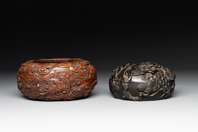 Two Chinese carved bamboo water pots and a hongmu covered box, 19th C.