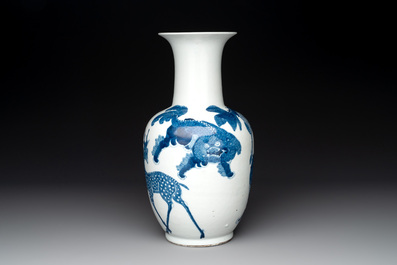 A Chinese blue and white 'mythical animals' vase, Kangxi mark, 19/20th C.