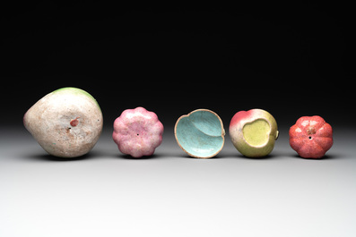 A collection of 12 Chinese famille rose fruit models, including a peach-shaped box and cover, 19th C.
