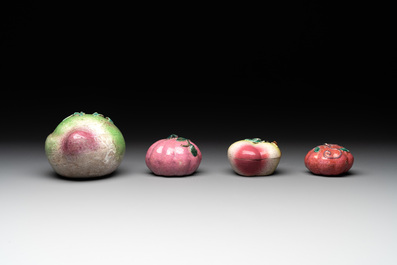 A collection of 12 Chinese famille rose fruit models, including a peach-shaped box and cover, 19th C.