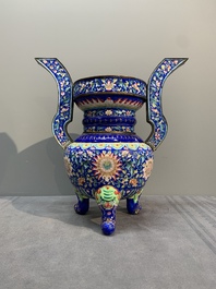 A Chinese blue-ground Canton enamel 'flower scroll' censer, Qianlong