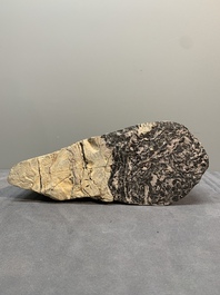 A Chinese wucai Lingbi stone scholar's rock on wooden stand, 20th C.