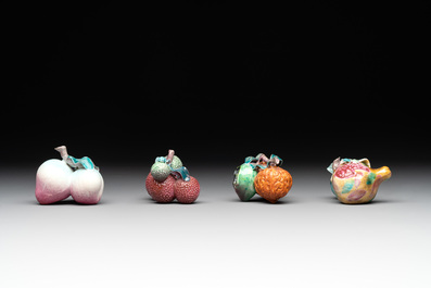 A collection of 12 Chinese famille rose fruit models, including a peach-shaped box and cover, 19th C.