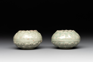 A pair of Chinese Longquan celadon bird feeders, Song