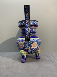 A Chinese blue-ground Canton enamel 'flower scroll' censer, Qianlong