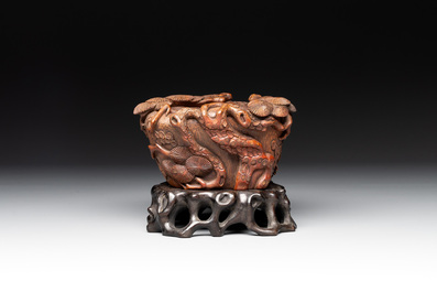 Two Chinese carved bamboo water pots and a hongmu covered box, 19th C.