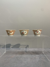 A varied collection of five Chinese famille rose cups and six saucers, Yongzheng/Qianlong